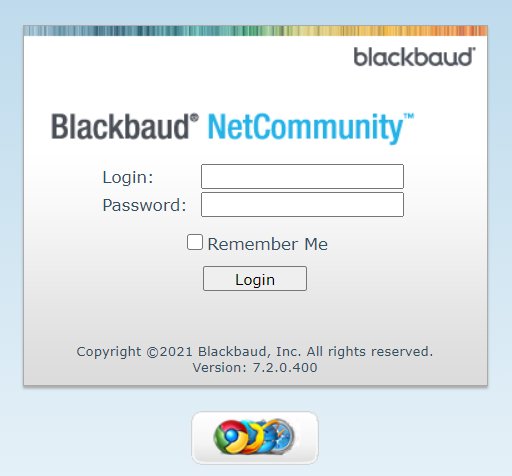 Screenshot of the Blackbaud login screen.