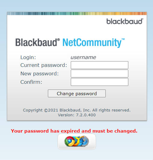 Screenshot of the Blackbaud password reset screen.