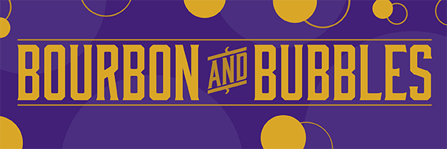 Bourbon and Bubbles written in gold on a purple background.