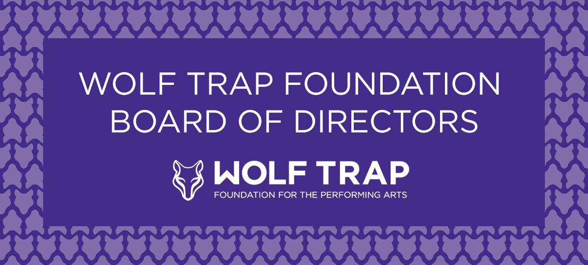 Purple wolf head graphic with Wolf Trap logo and Wolf Trap Foundation Board of Directors written on it.