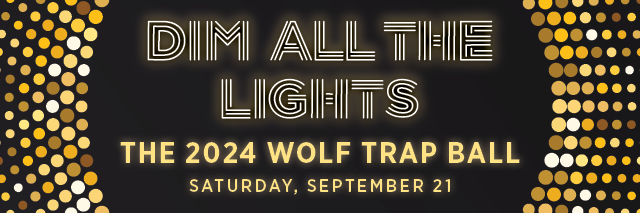 Dim All the Lights: the 2024 Wolf Trap Ball written in shiny gold surrounded by gold lights.
