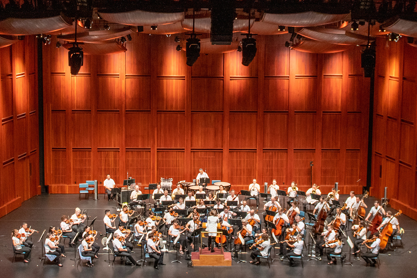 The National Symphony Orchestra performs on the Filene Center stage.