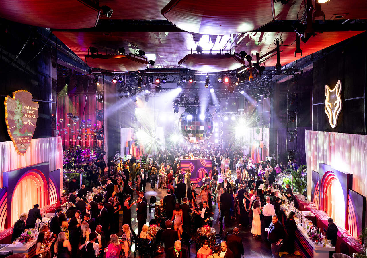 The Wolf Trap Ball viewed from above, with guests and a dazzling array of lights.