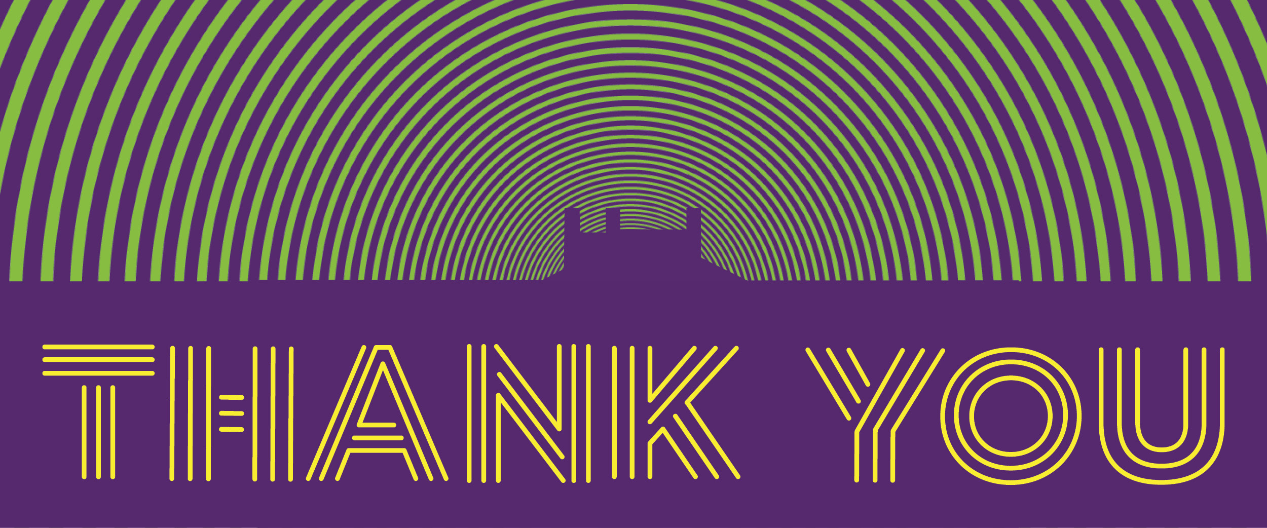 Thank You written on purple with yellow sound waves radiating from a silhouette of the Filene Center.