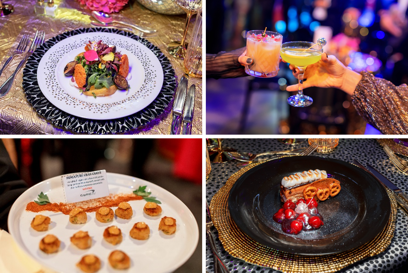 Plates of gourmet food and brightly-colored cocktails from the Wolf Trap Ball.