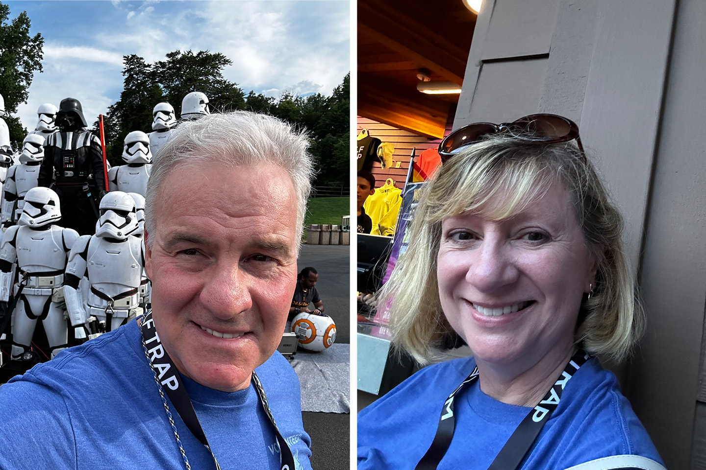 Jim Riordan takes a selfie with Storm Troopers, and Stacy Riordan smiles in front of the Wolf Trap gift shop.