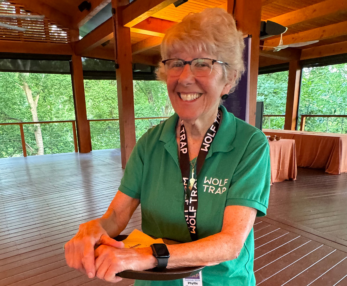 Wolf Trap Volunteer Phyllis Krochmal working at a member dinner.