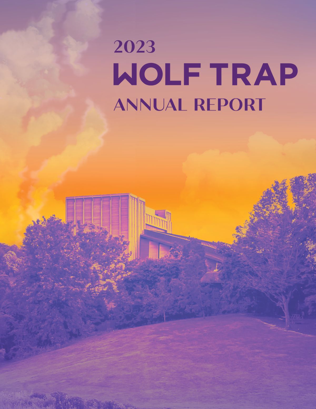 2023 Annual Report Cover: a golden sunset over the Filene Center.