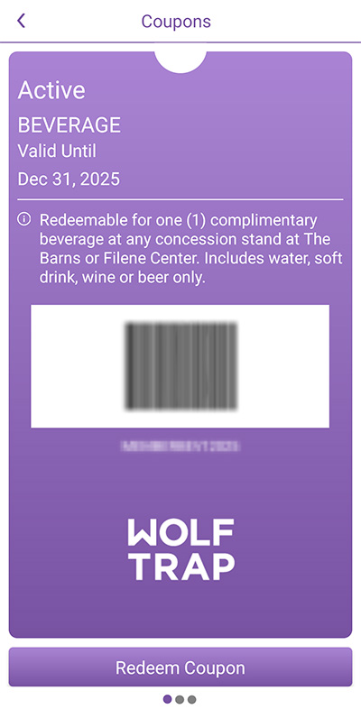 Screenshot of a beverage coupon on the Wolf Trap Membership App.