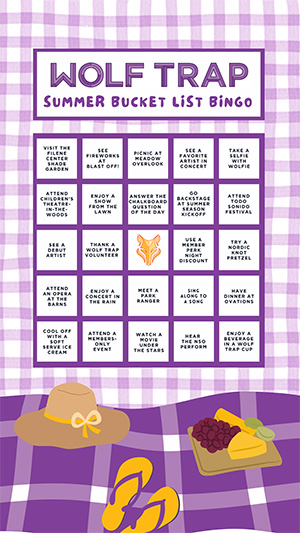 Bingo card with fun summer Wolf Trap activities written in each square.