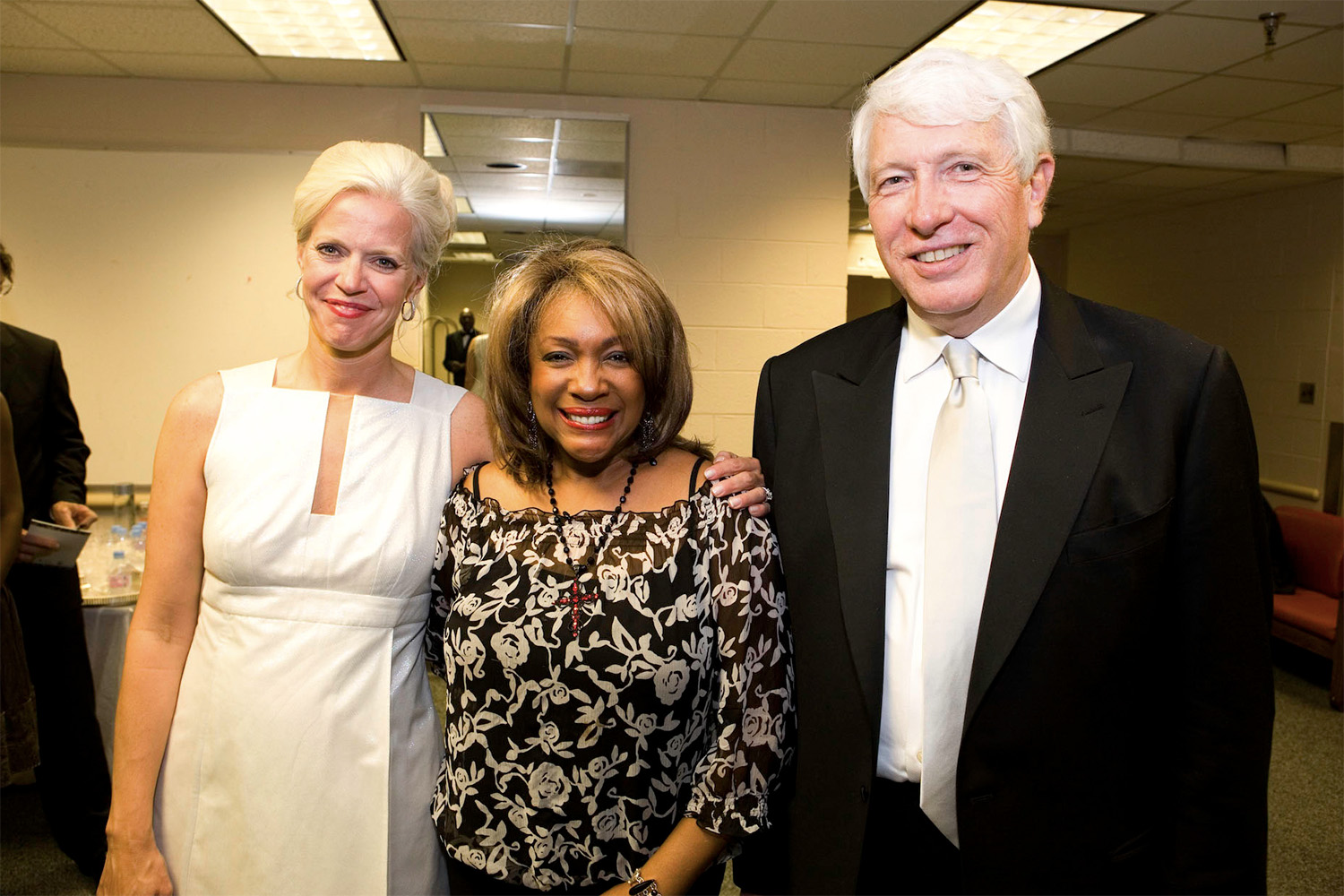 Susan Harreld, Mike Harreld, and Mary Wilson of The Supremes pose in one of Wolf Trap's artist dressing rooms.