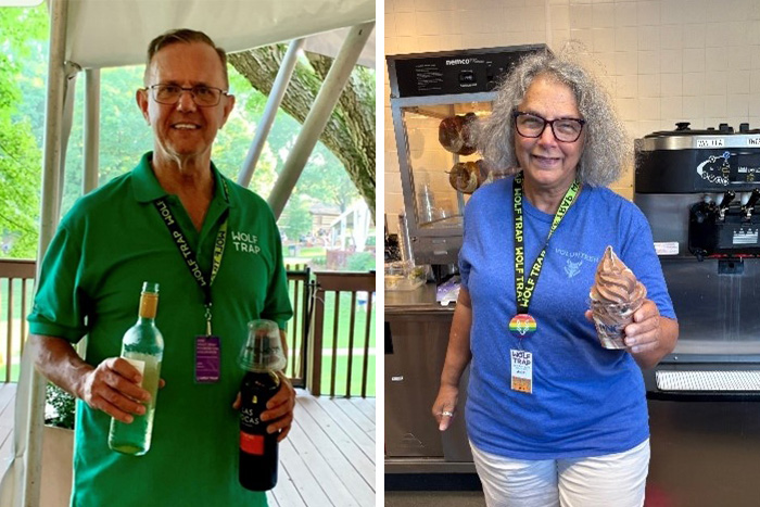 Jim Arrighi serves wine at an event and Juliet Arrighi serves ice cream at concessions.