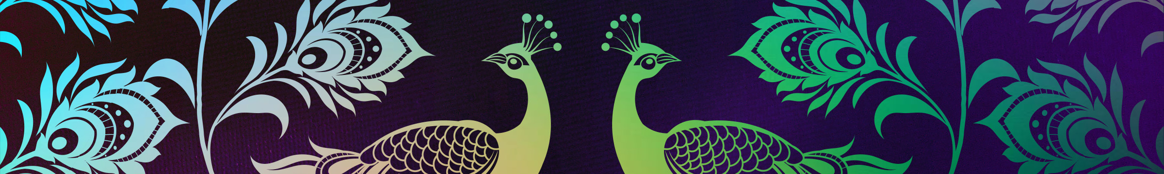 Drawing of peacocks and peacock feathers over a purple background.