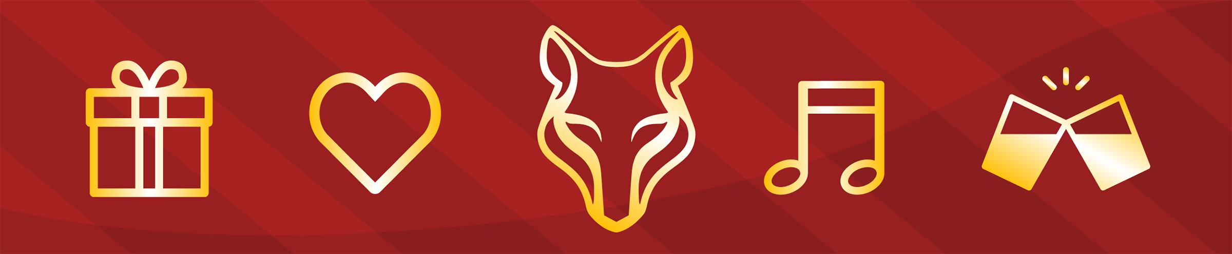 Red header with gold icons of a gift, heart, wolf head, music notes, and toasting glasses.