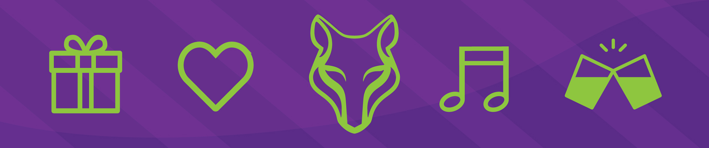 Purple header with green icons of a gift, heart, wolf head, music notes, and toasting glasses.