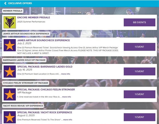 Screenshot of Wolf Trap's ticket portal with the Encore Circle Presale and a list of artist presale packages.