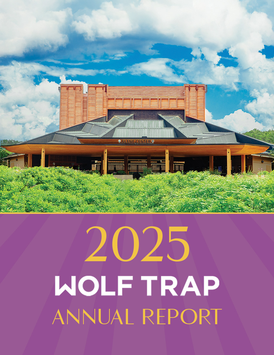 2025 Wolf Trap Annual Report cover with a photo of the Filene Center under a blue sky with puffy white clouds.