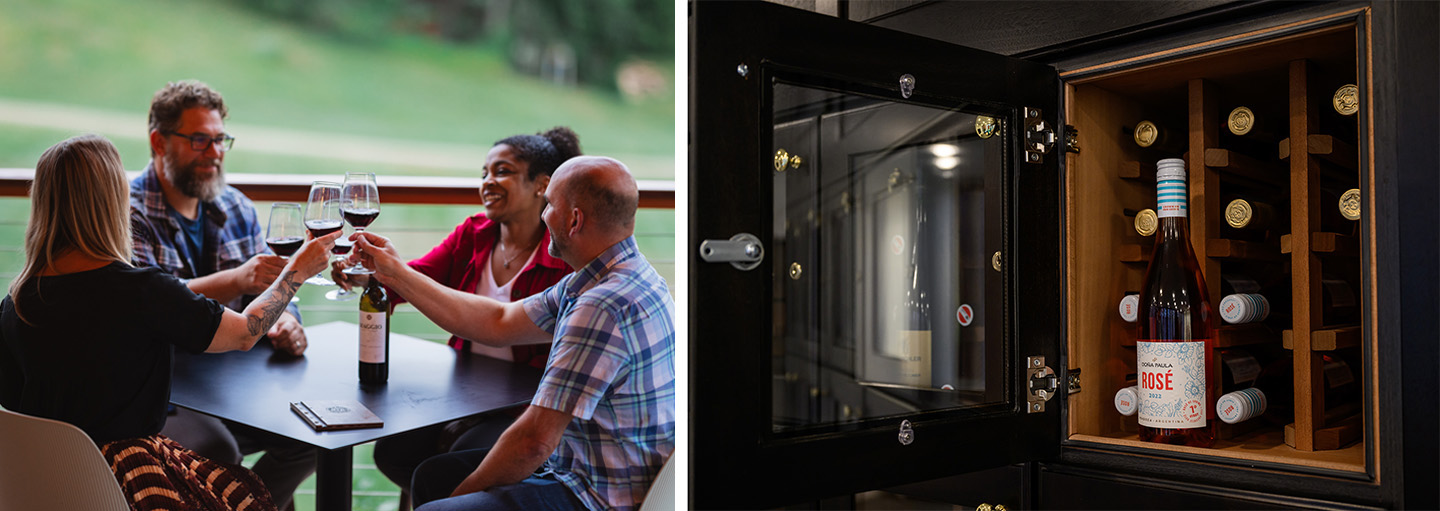 Members drink wine from glasses at Meadow Lounge; Closeup of wine locker.
