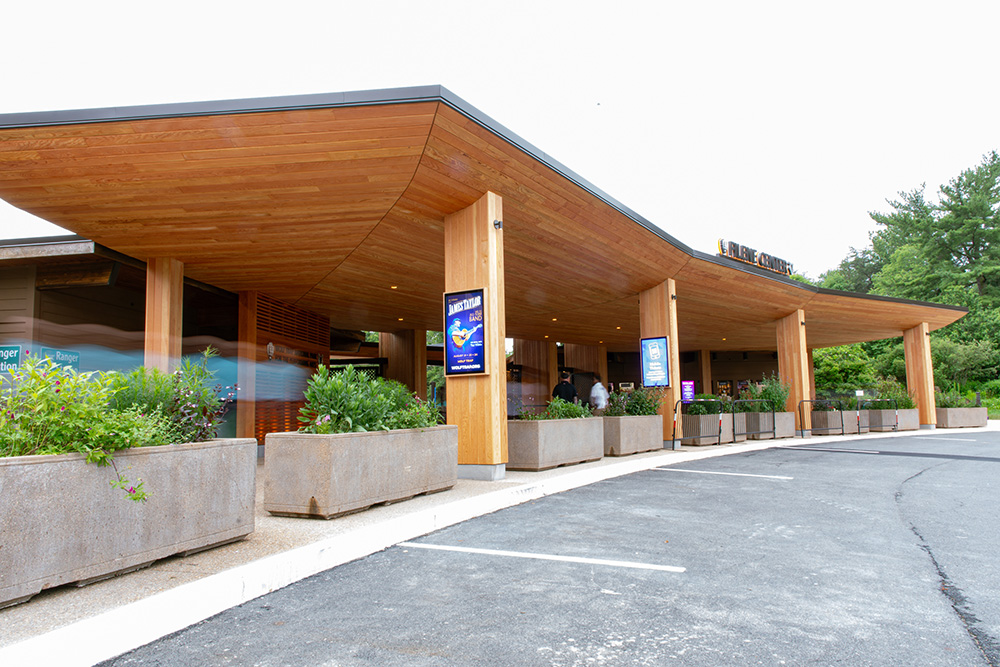 Wolf Trap's new main gate, viewed from the approach to the Filene Center.