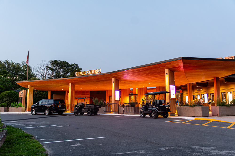 Wolf Trap's new main gate, viewed at night.
