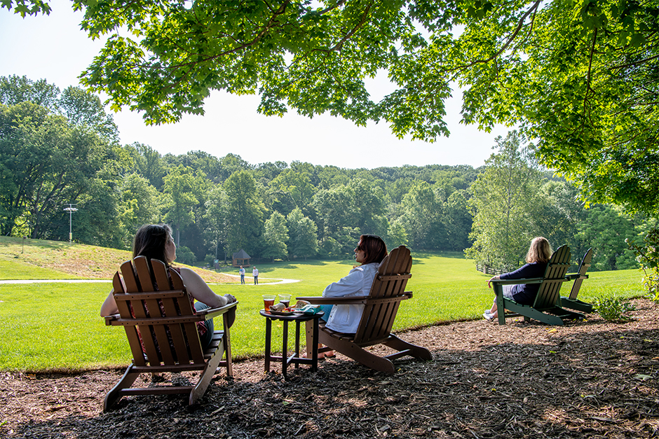 Wolf Trap guests view the meadow from adirondack chairs.