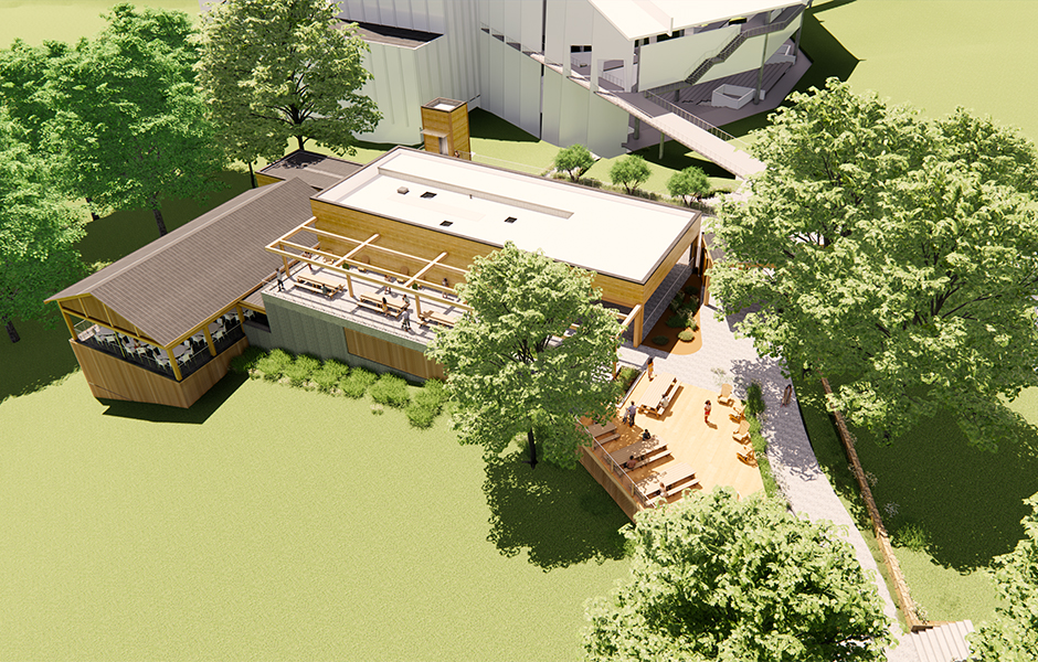 Rendering of the updated Concessions Stand, viewed from above the meadow facing the Filene Center.