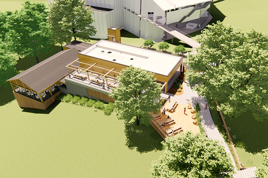 Rendering of the updated Concessions Stand, viewed from above the meadow facing the Filene Center.