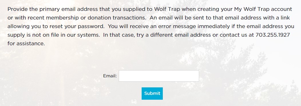 Forgotten Password request screen on My Wolf Trap.