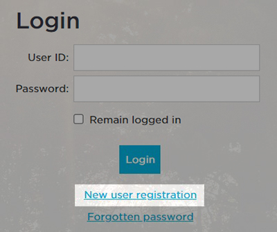 Login screen with "New user registration" highlighted.