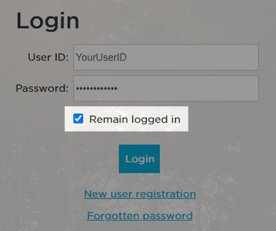 Login screen with "Remain logged in" highlighted.