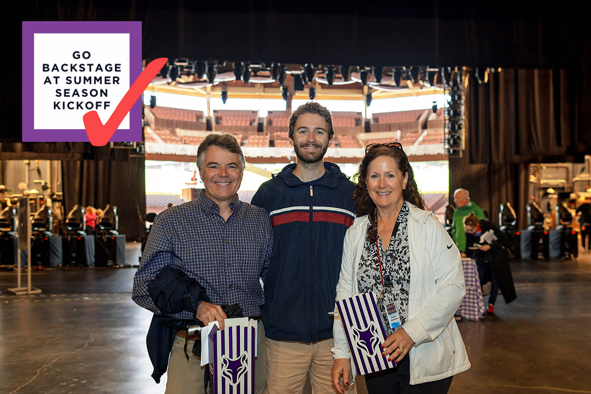  Bingo card item "Go backstage at Summer Season Kick Off" checked off, next to a photo of a family posing backstage at Wolf Trap.