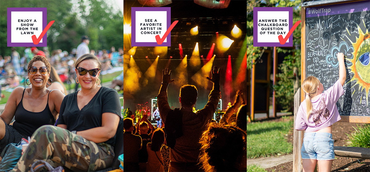 Photo collage: Bingo card item "Enjoy a show from the lawn" checked off next to a photo of friends wearing sunglasses and smiling on the lawn; bingo card item "See a favorite artist in concert" checked off next to a photo of concertgoers dancing in the F